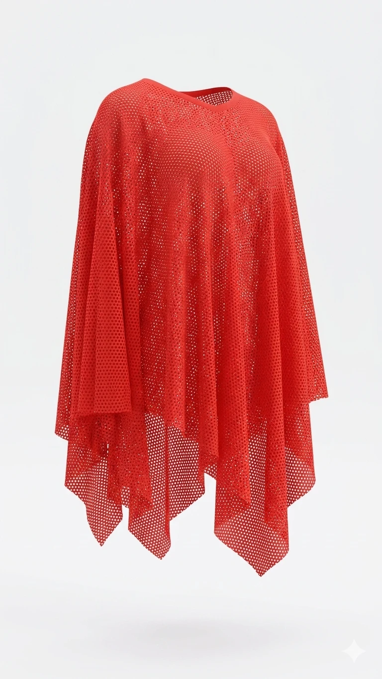 Tunique Cape Asymétrique Rouge en Maille Ajourée –...
