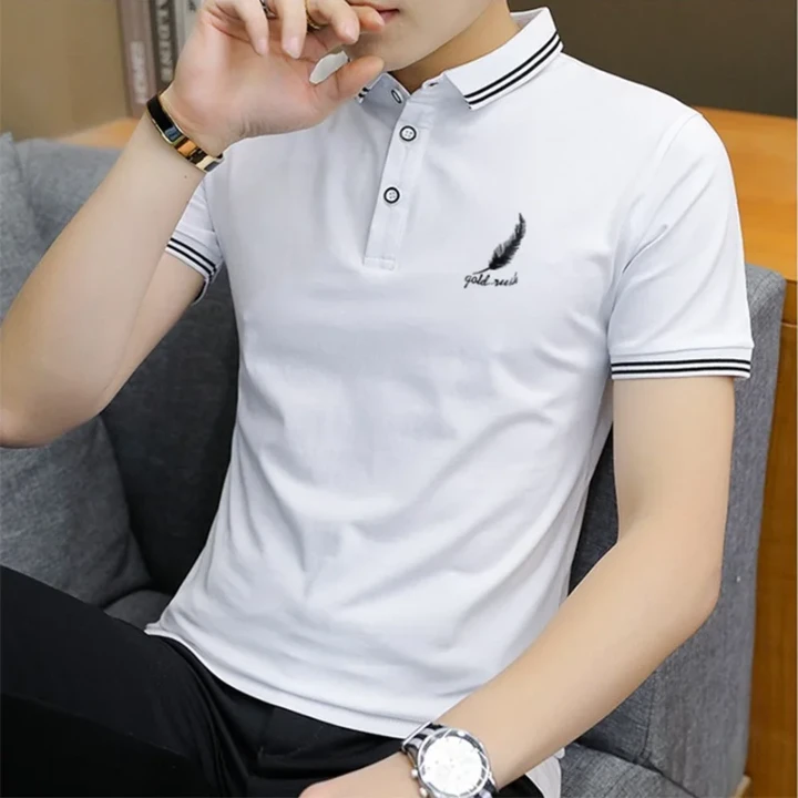 Polo Homme Blanc Col Rayé Broderie Plume
